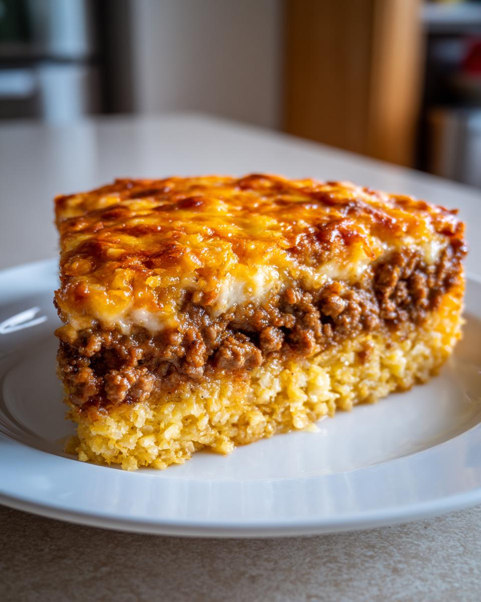 Close-up of a hearty slice of tamale pie showing a cornbread base, seasoned ground meat filling, and a baked, cheesy topping.