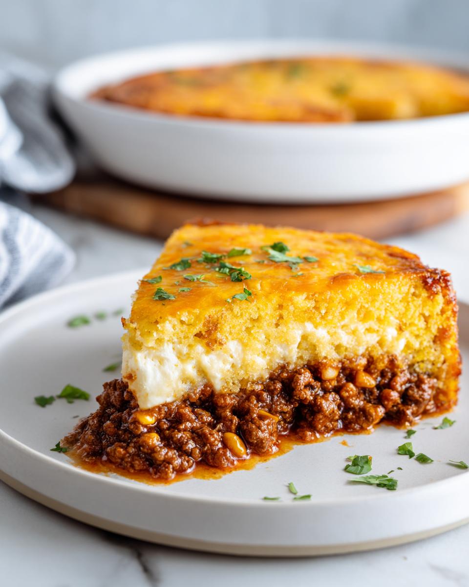 A generous slice of tamale pie showing layers of savory meat filling, creamy cheese, and golden cornbread topping.