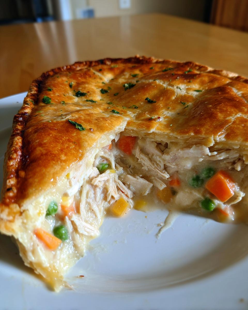 A close-up view of a slice cut from a golden-crusted turkey pot pie recipe, revealing shredded turkey and creamy vegetables.