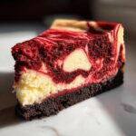 Close-up of a rich slice of red velvet cheesecake featuring a dark chocolate crust and beautiful red and white marbling.