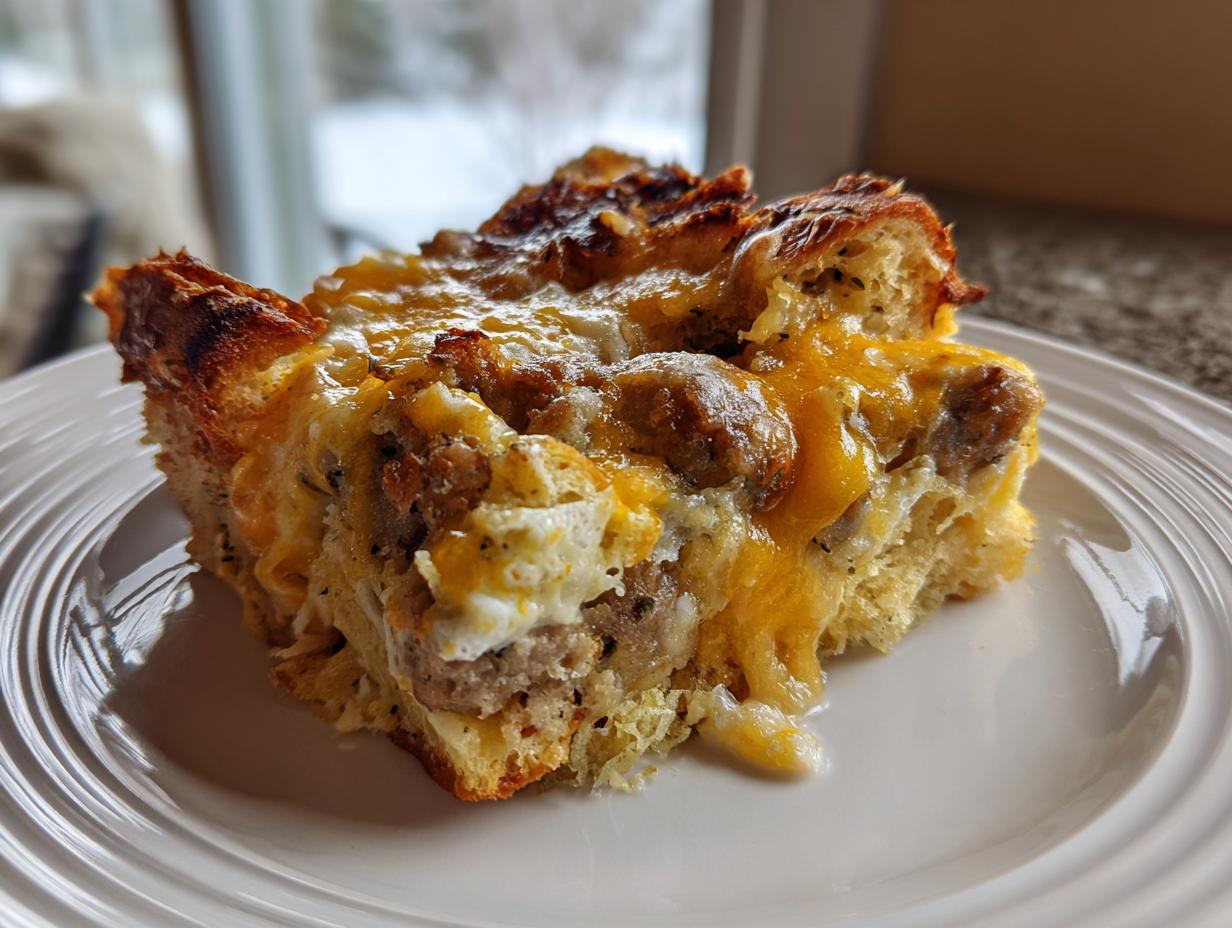 A close-up of a hearty slice of christmas breakfast casserole featuring sausage, eggs, and melted cheddar cheese on a white plate.