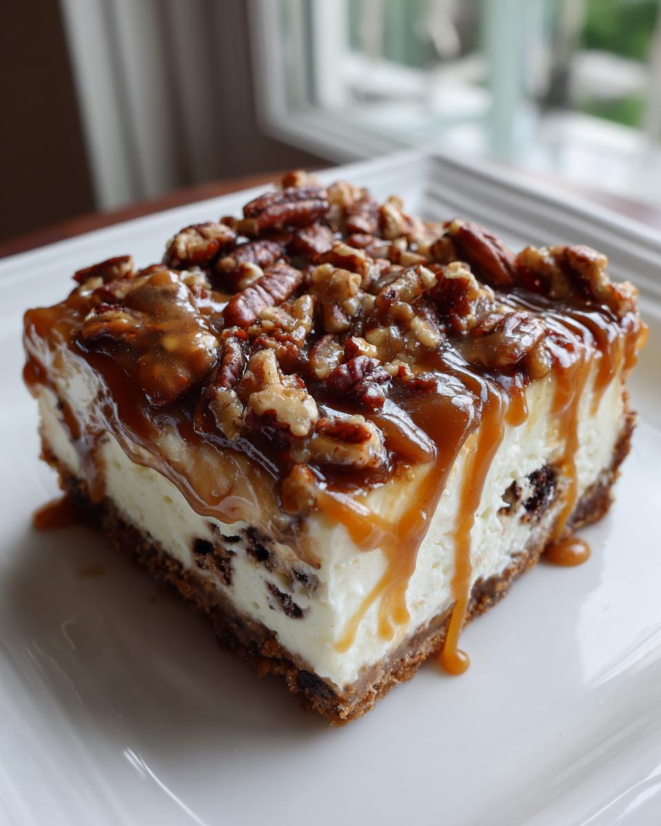 A decadent slice of turtle cheesecake topped with thick caramel sauce and chopped pecans.