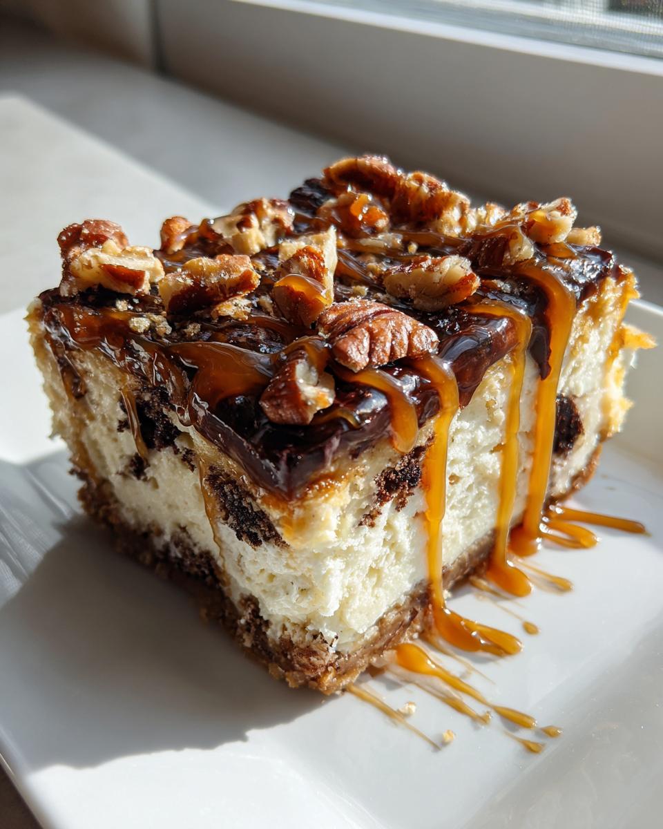 A decadent slice of turtle cheesecake topped with chocolate, caramel drizzle, and toasted pecans.