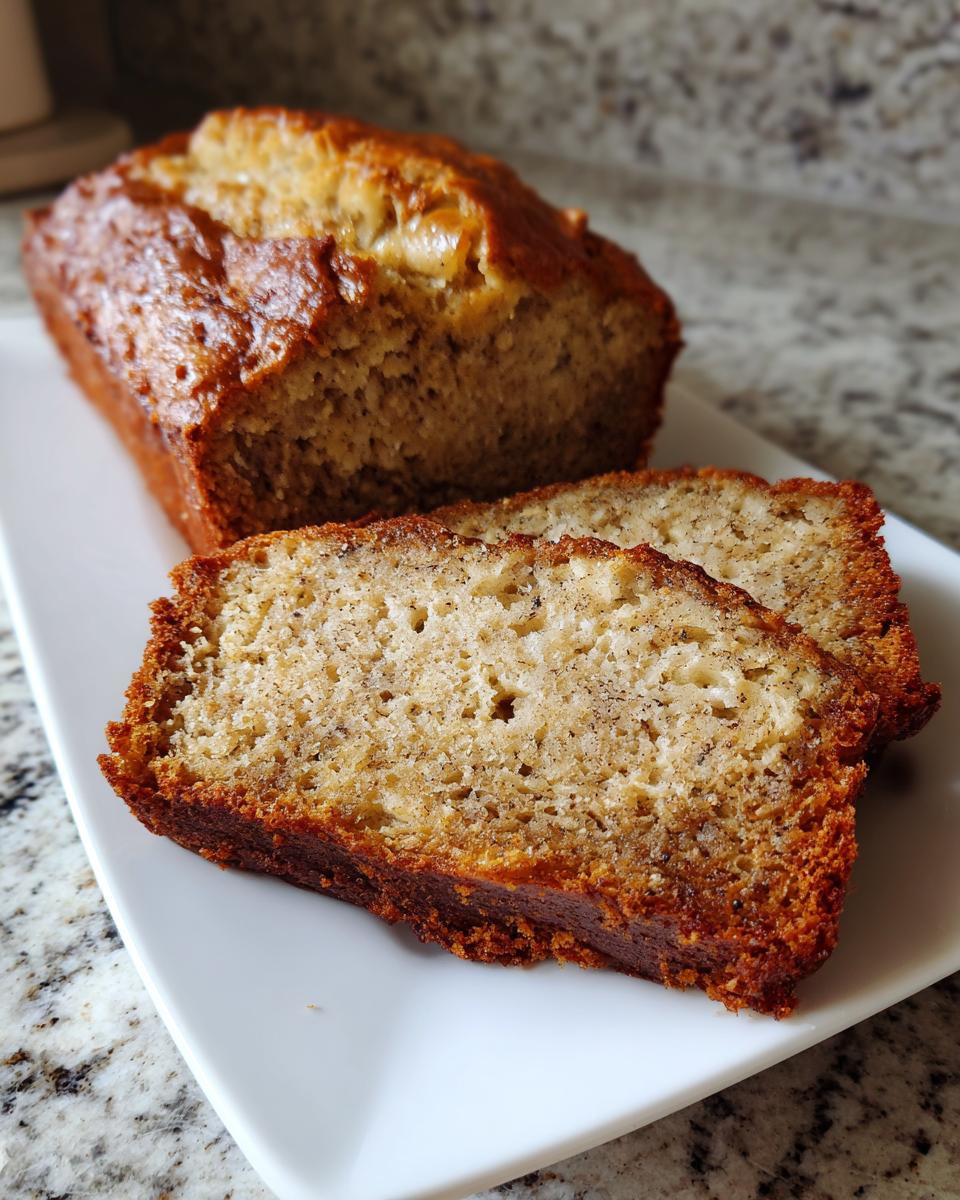 A loaf of moist banana bread recipe, partially sliced, resting on a white rectangular plate.