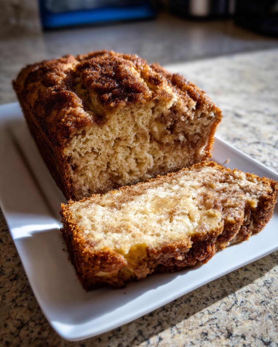 A sliced loaf of moist apple bread with a rich cinnamon streusel topping on a white platter.