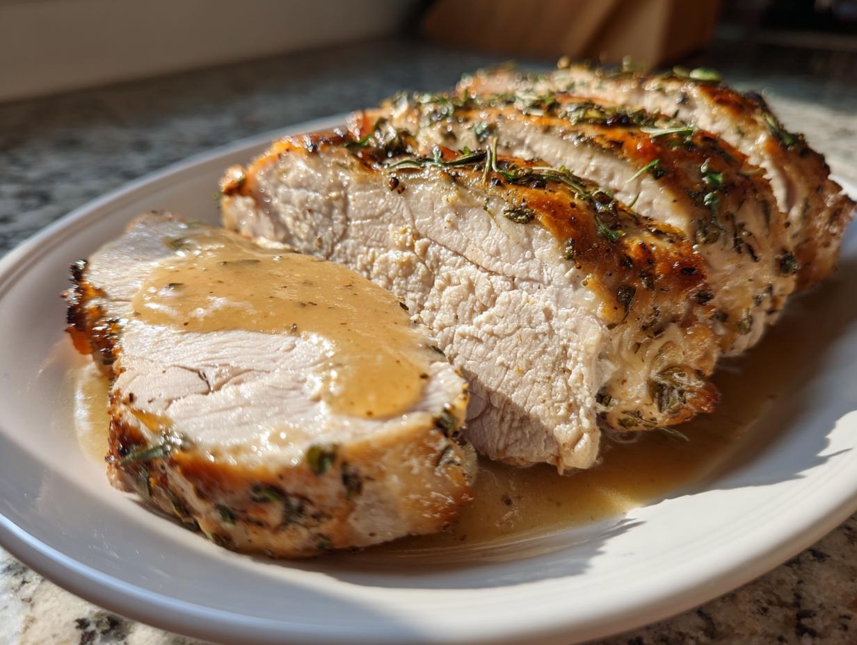 Close-up of sliced, herb-crusted instant pot turkey breast drizzled with savory gravy on a white plate.