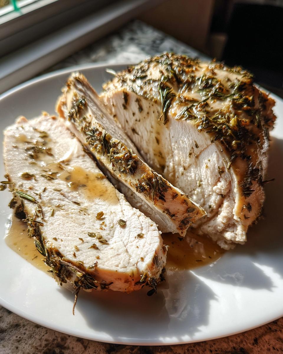 Close-up of sliced, juicy instant pot turkey breast seasoned heavily with dried herbs and drizzled with pan juices.