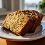 Two thick slices of moist banana zucchini bread showing flecks of green zucchini, served on a white plate.