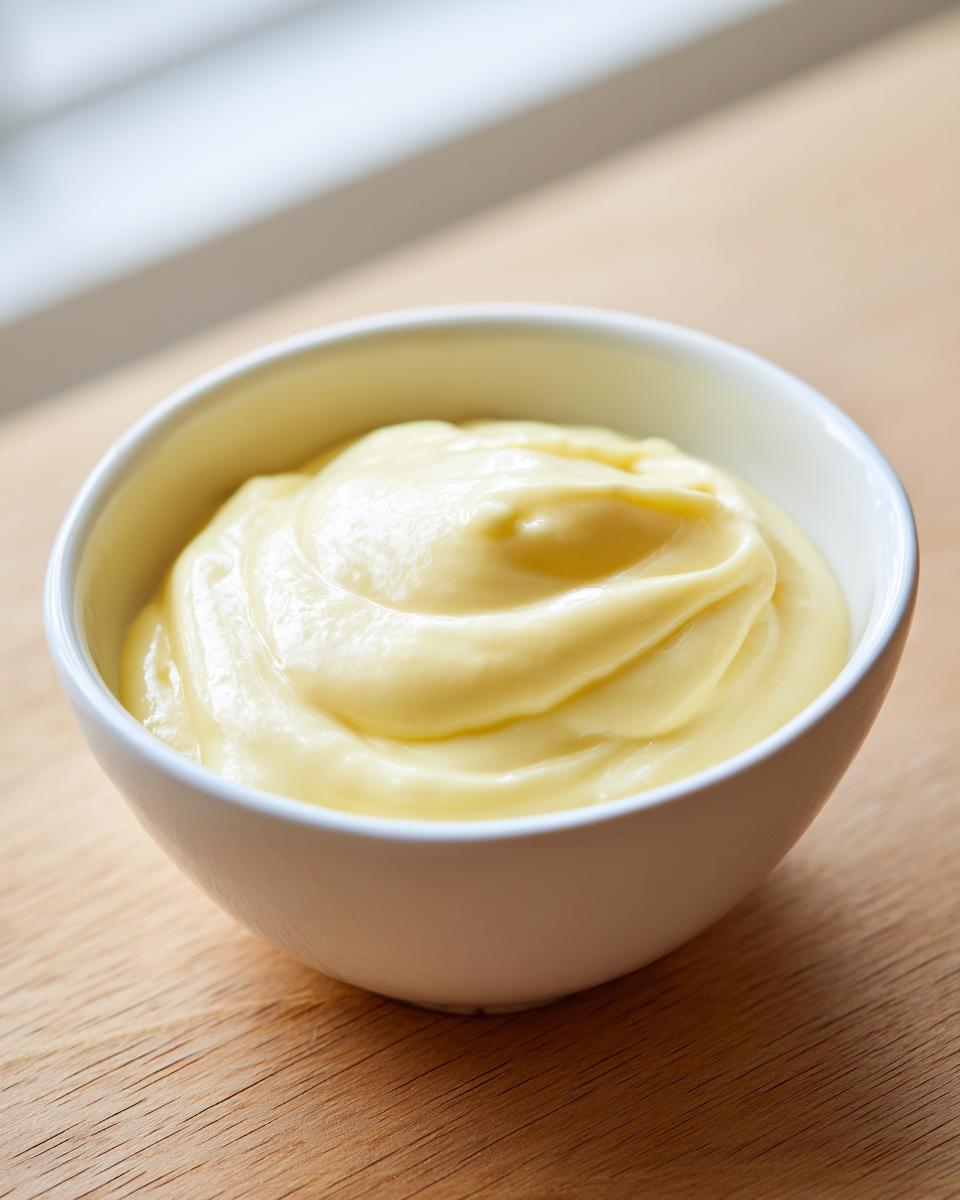 A close-up of rich, creamy, yellow hollandaise sauce swirled in a small white bowl on a wooden surface.