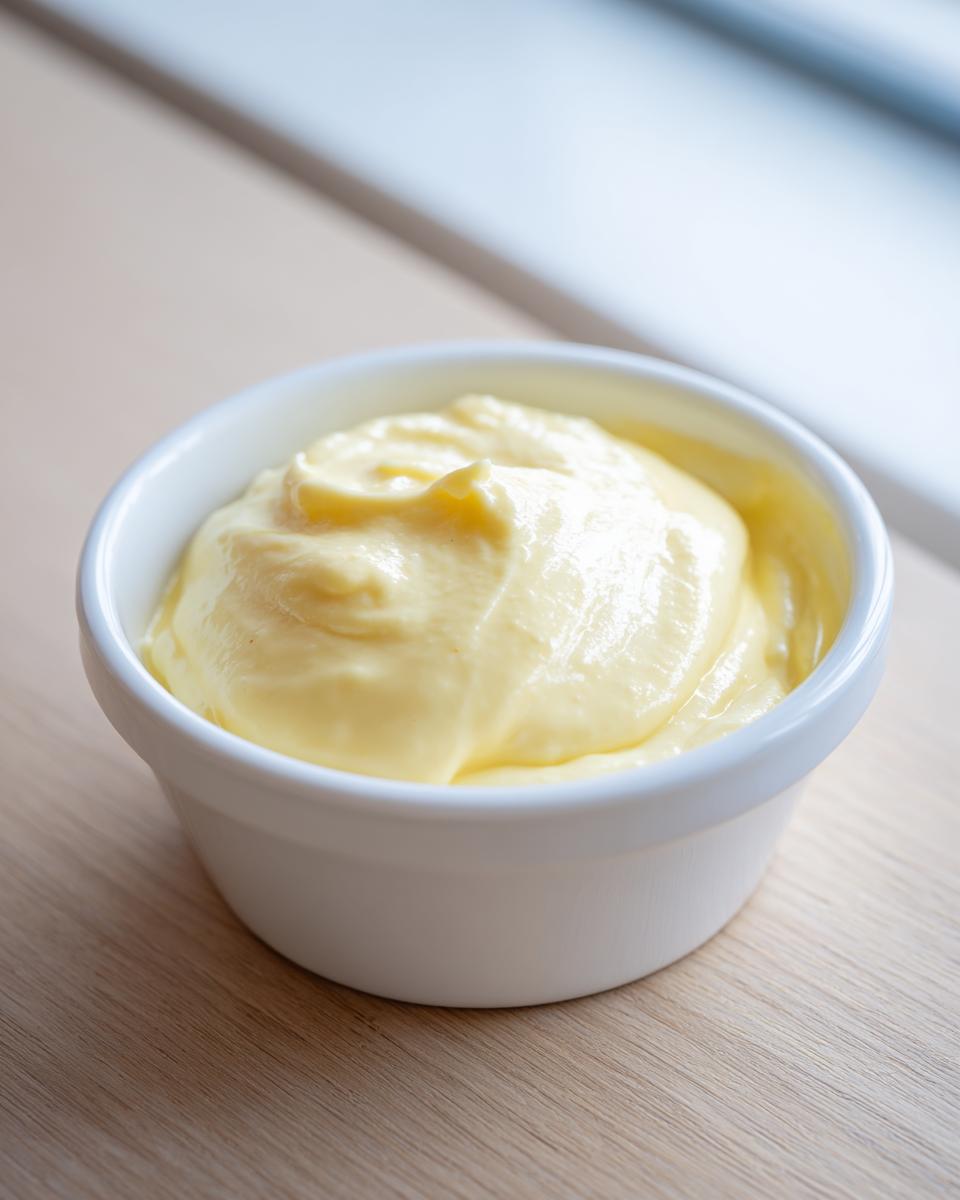 A close-up of rich, creamy hollandaise sauce served in a small white ramekin on a light wooden surface.