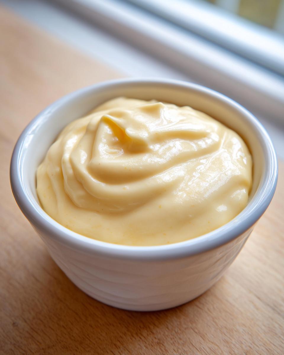 A close-up of rich, creamy, yellow hollandaise sauce perfectly spooned into a small white ramekin.