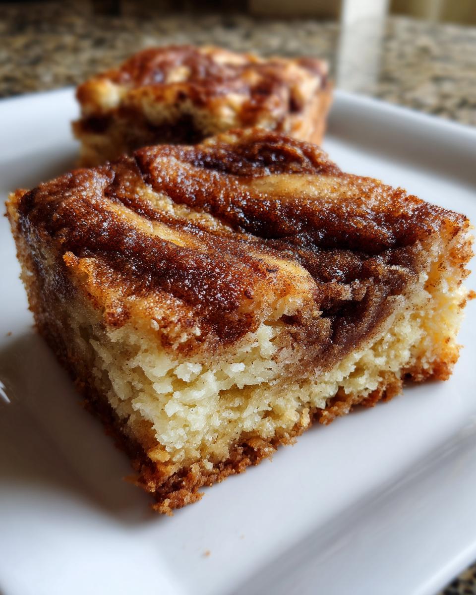 A close-up of a square of moist snickerdoodle blondies featuring a thick, swirled cinnamon sugar topping.