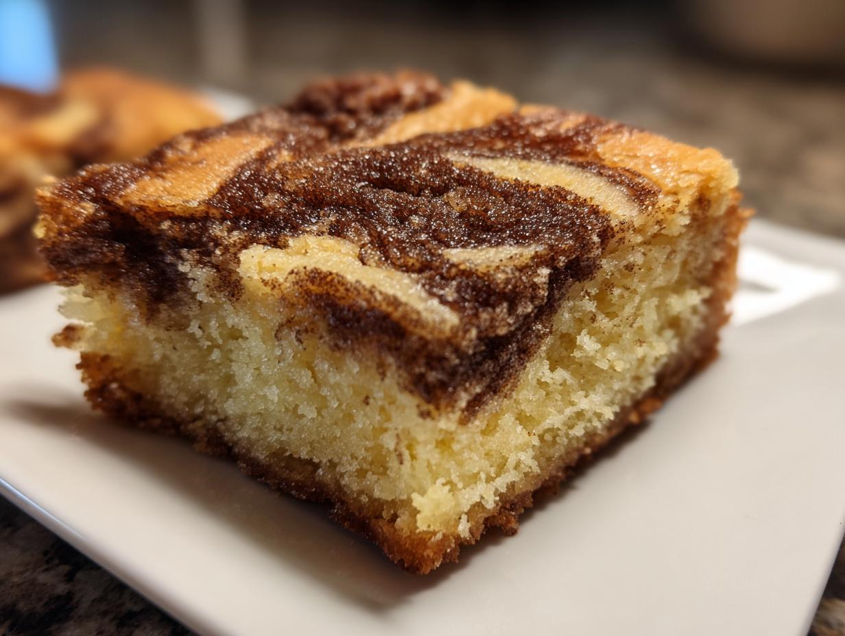 A close-up of a single square of snickerdoodle blondies featuring a rich, marbled cinnamon swirl topping.