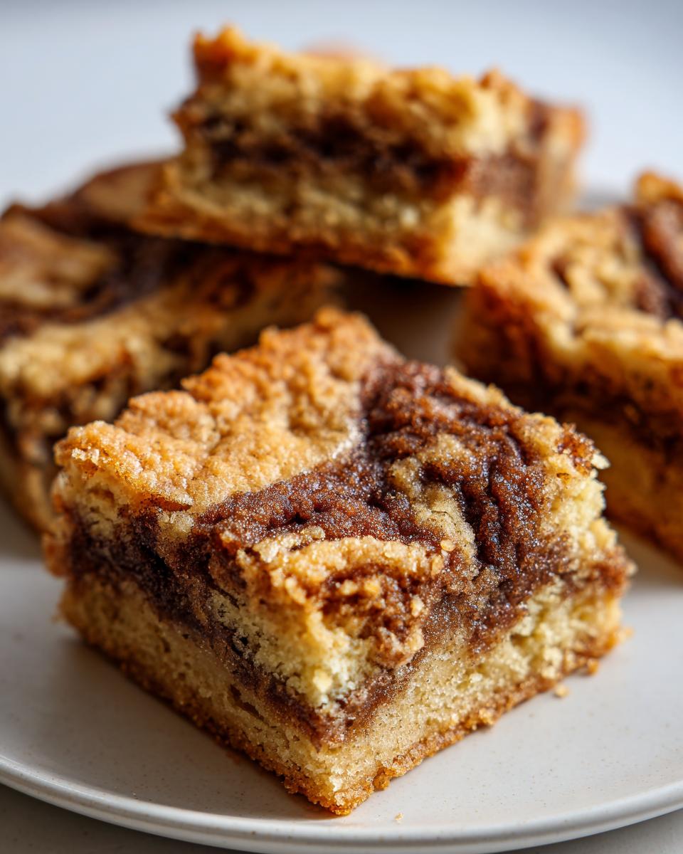 A close-up of a square of rich, chewy snickerdoodle blondies with a prominent cinnamon swirl topping.
