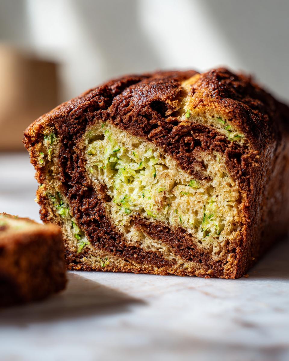 Close-up of a marbled snickerdoodle zucchini bread loaf showing swirls of cinnamon and chocolate batter with visible green shreds of zucchini.