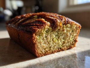A close-up view of a freshly baked snickerdoodle zucchini bread loaf showing the moist crumb and cinnamon swirl topping.