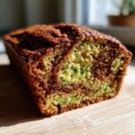 Close-up of a freshly baked snickerdoodle zucchini bread loaf showing the moist interior with green zucchini flecks.