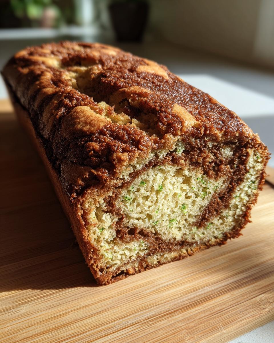 A whole loaf of snickerdoodle zucchini bread with a cinnamon swirl, resting on a wooden cutting board.