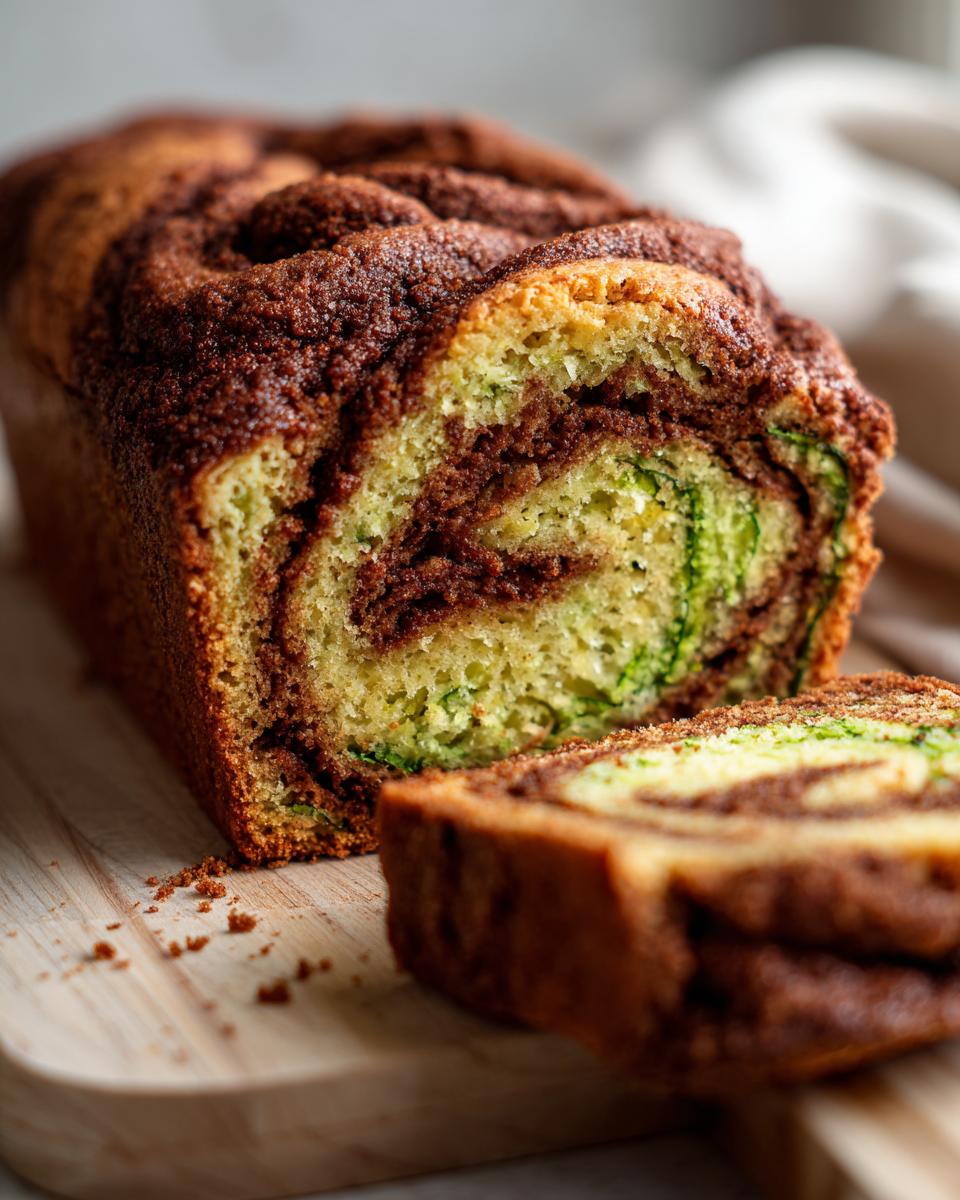 A close-up of a sliced snickerdoodle zucchini bread loaf showing a beautiful cinnamon swirl and visible green zucchini shreds.