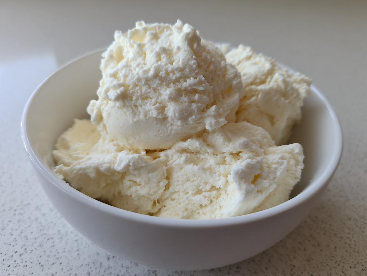 Close-up of fluffy white snow ice cream scoops served in a simple white bowl.