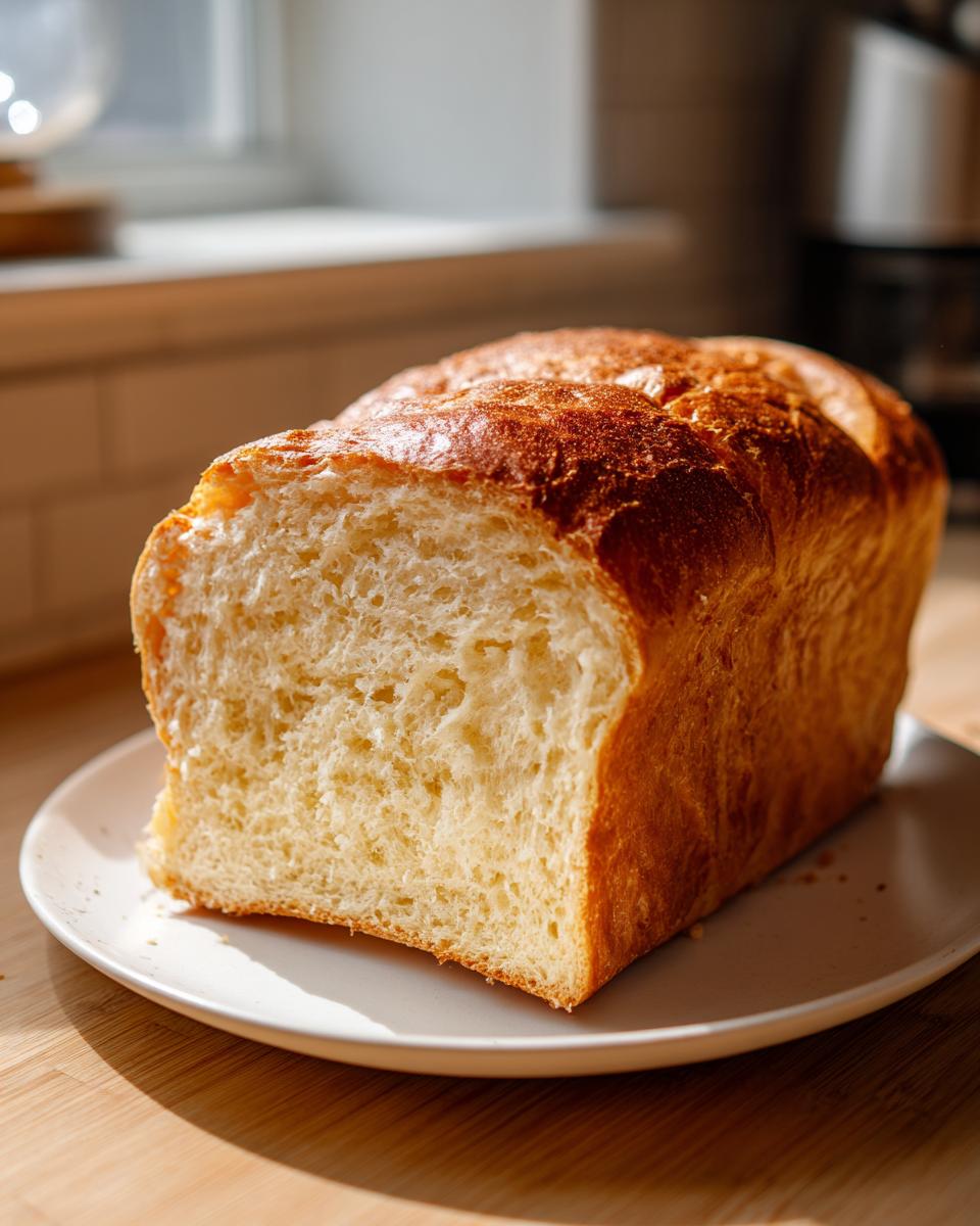 A freshly baked loaf of soft condensed milk bread, sliced to show the fluffy interior and golden-brown crust.