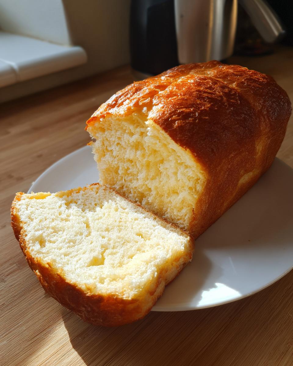 A golden-brown loaf of soft condensed milk bread with one thick slice cut and resting beside it on a white plate.