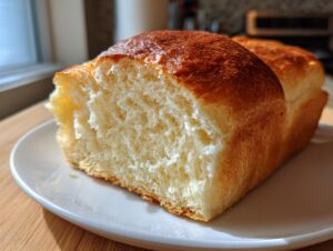 Close-up of a freshly baked slice of soft condensed milk bread showing its fluffy interior and golden-brown top.