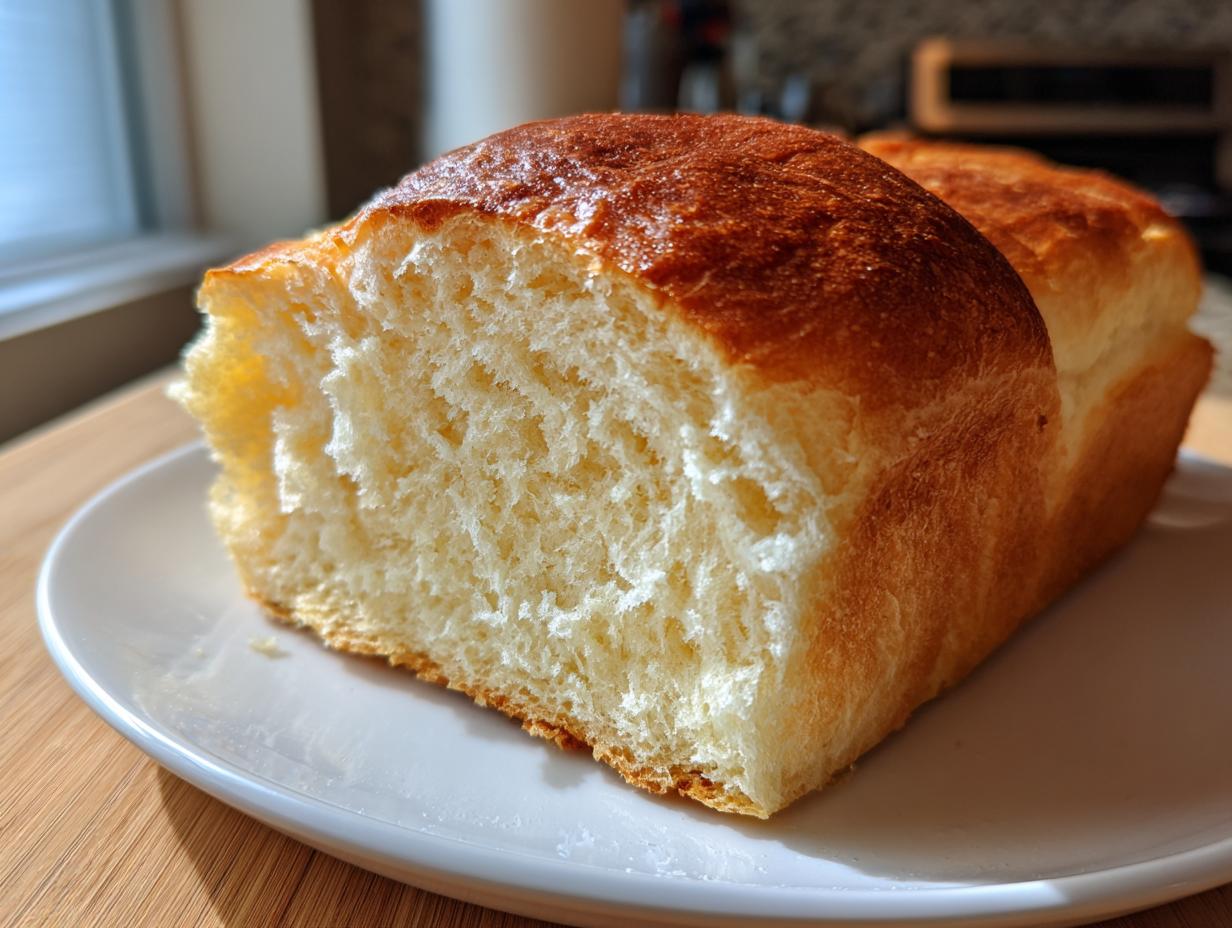 Close-up of a freshly baked slice of soft condensed milk bread showing its fluffy interior and golden-brown top.