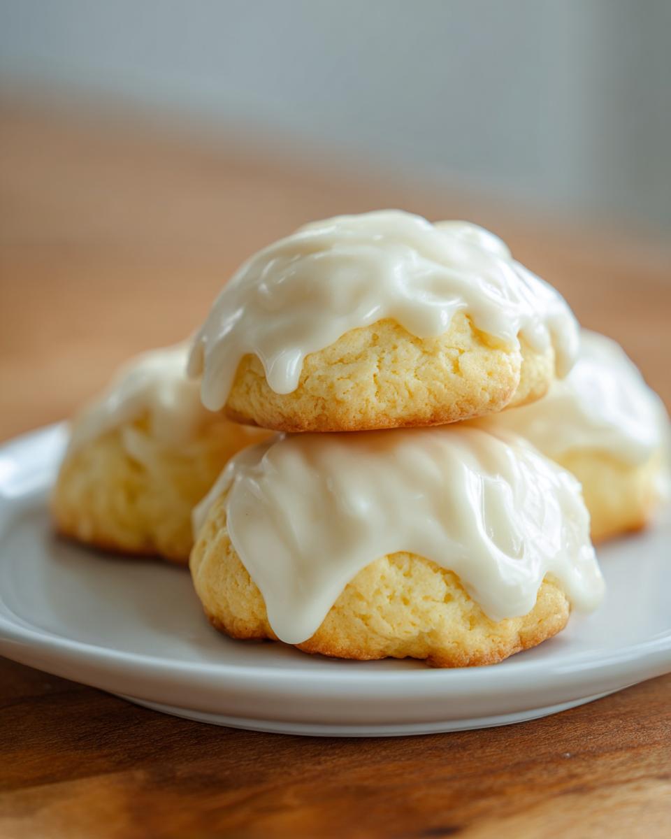 Close-up of soft, round cookies topped with thick, white sugar cookie icing dripping down the sides.