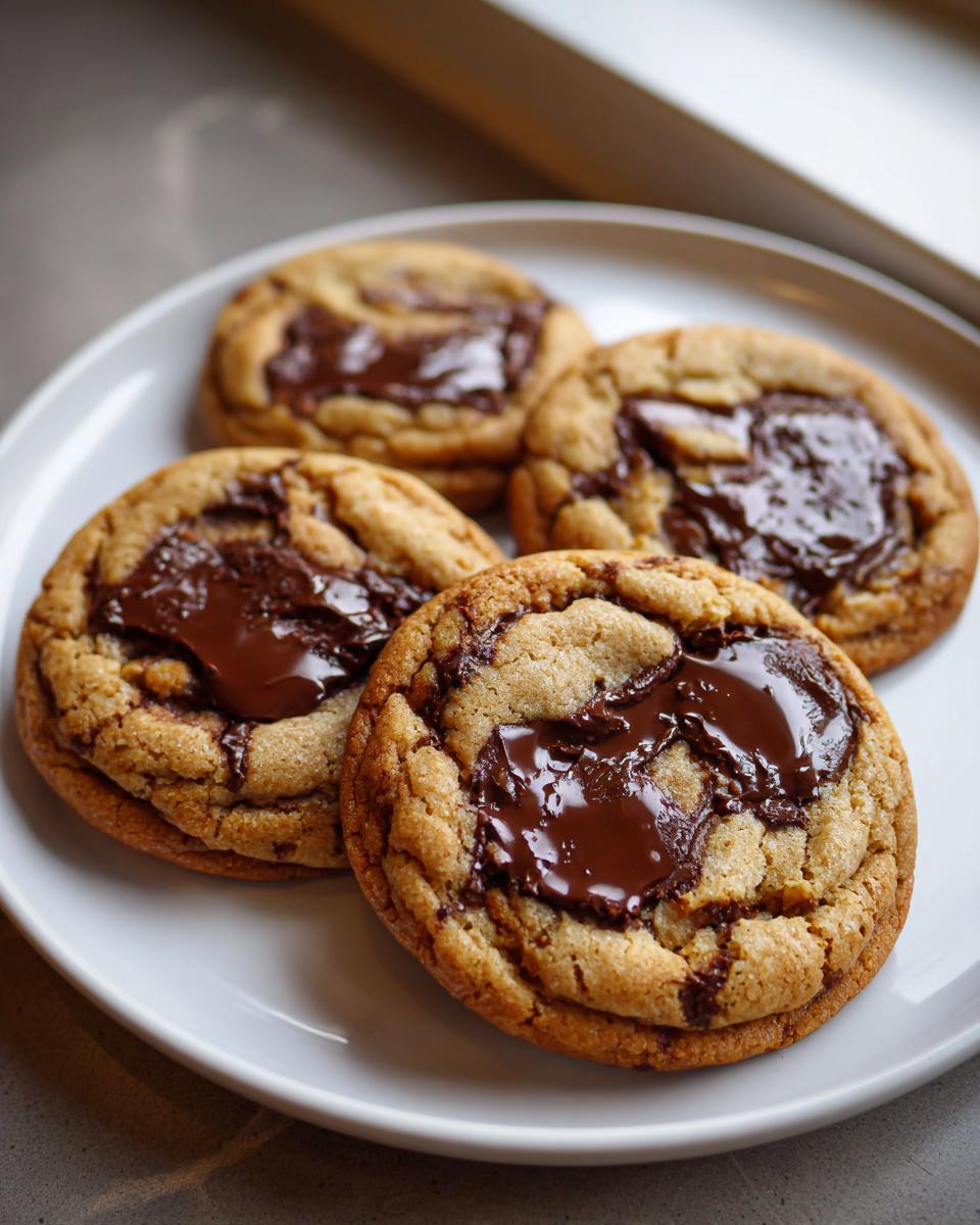 Close-up of four soft cream cheese chocolate chip cookies with melted chocolate pools on a white plate.