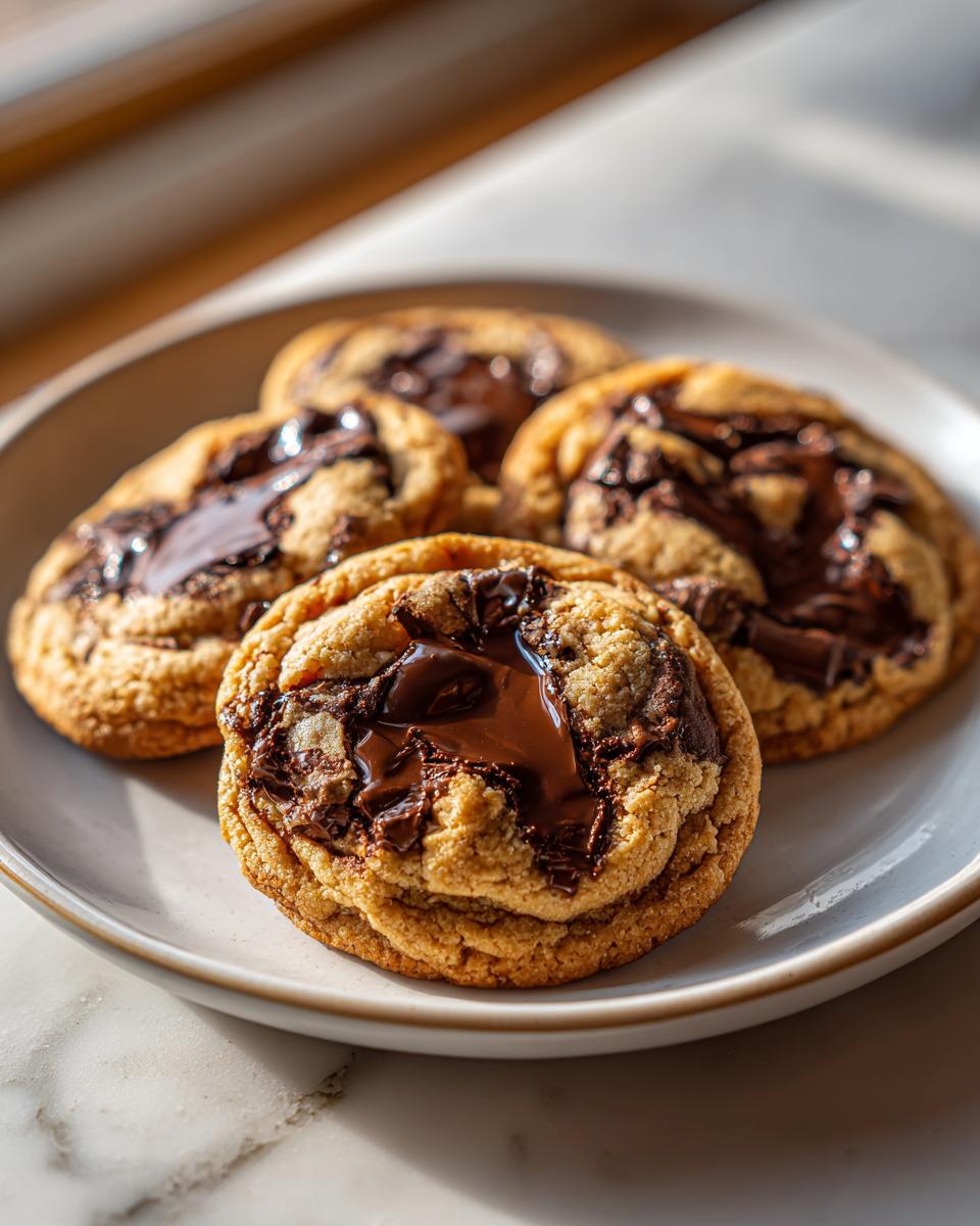 Four soft cream cheese chocolate chip cookies with melted chocolate pools on a light plate.
