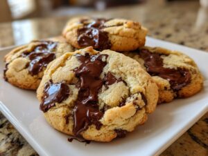 Close-up of four soft cream cheese chocolate chip cookies piled on a white plate with gooey, melted chocolate.