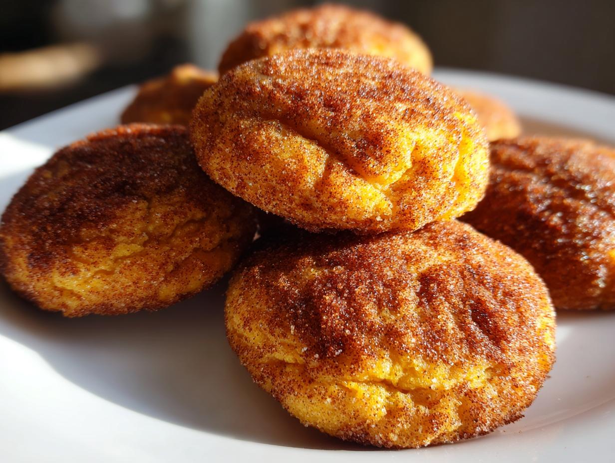 A stack of soft, golden pumpkin snickerdoodle cookies heavily coated in cinnamon sugar, resting on a white plate.