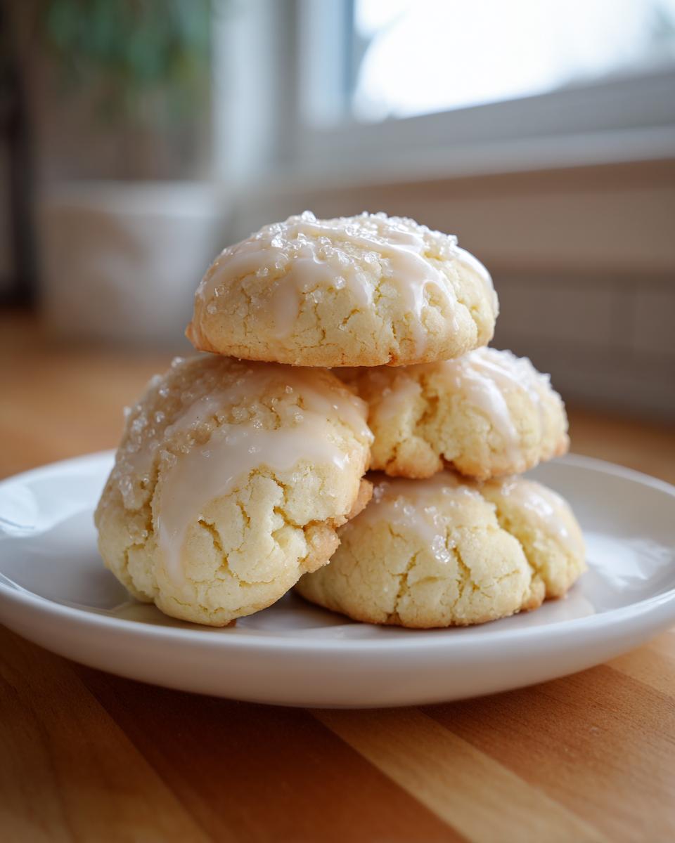 A stack of four soft ricotta cookies topped with white glaze and coarse sugar crystals, resting on a white plate.