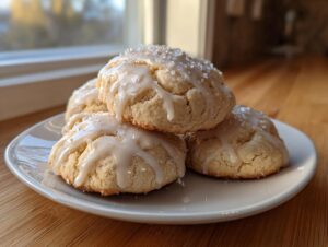 A stack of soft ricotta cookies topped with white vanilla glaze and coarse sugar crystals.