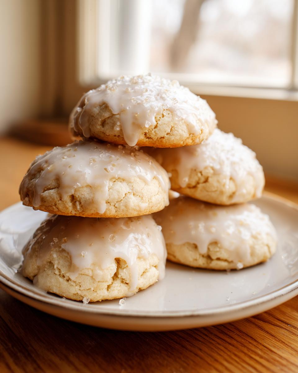 A stack of five soft ricotta cookies topped with a white glaze and coarse sugar crystals.