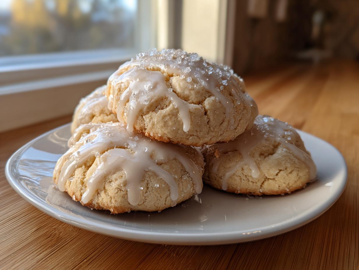 A stack of soft ricotta cookies topped with white vanilla glaze and coarse sugar crystals.