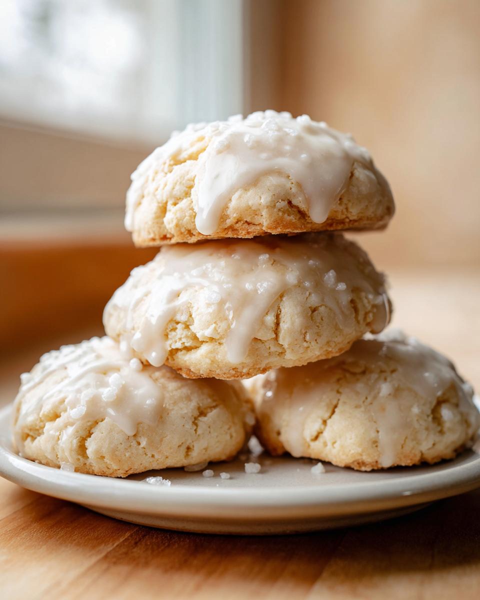 A stack of four soft ricotta cookies topped with a white glaze and coarse sugar crystals.