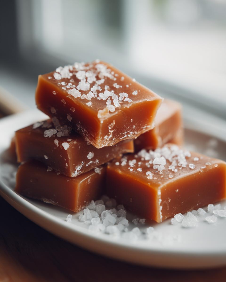 Close-up of a stack of soft, chewy sea salt caramels sprinkled generously with flaky sea salt.