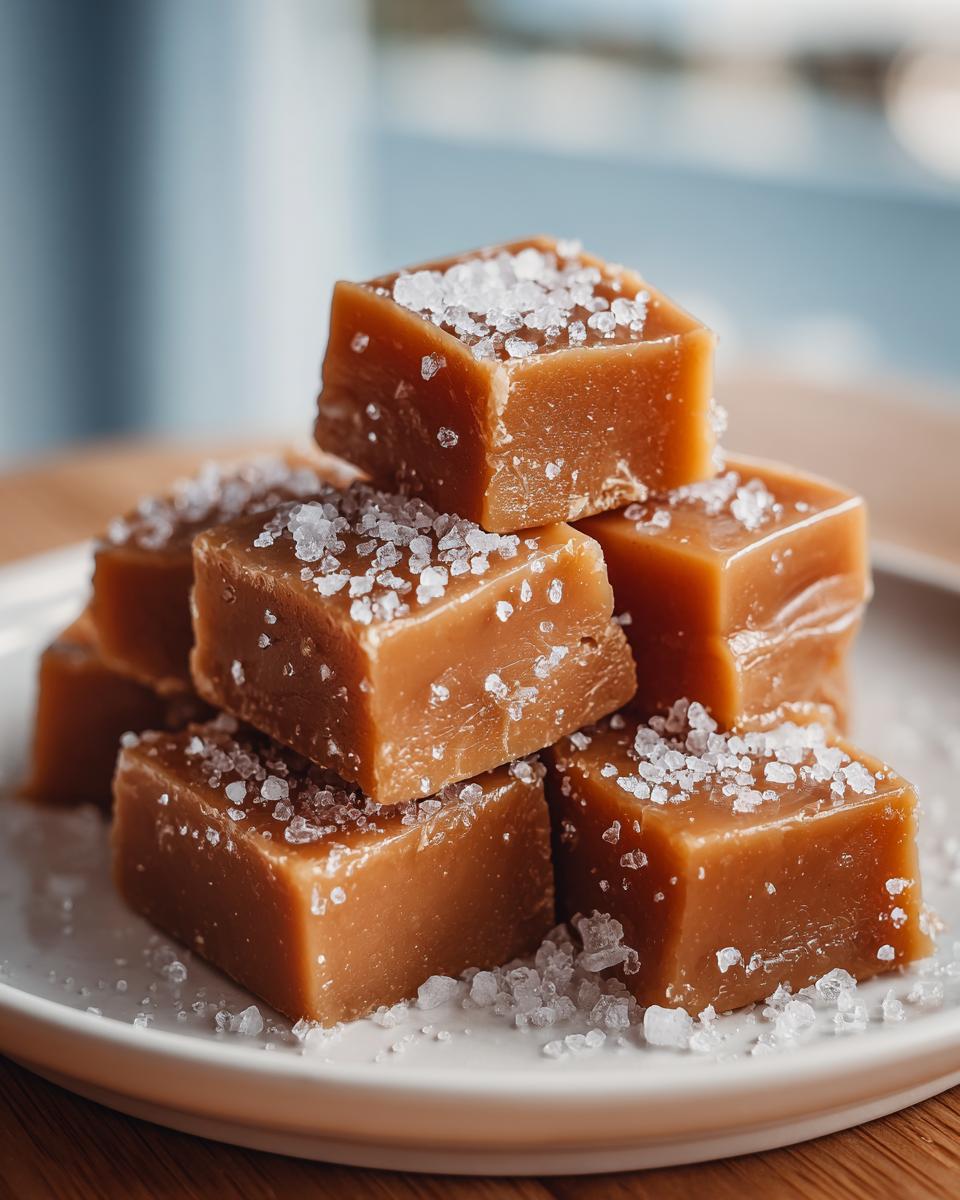 A close-up stack of soft, square sea salt caramels generously topped with flaky sea salt crystals.