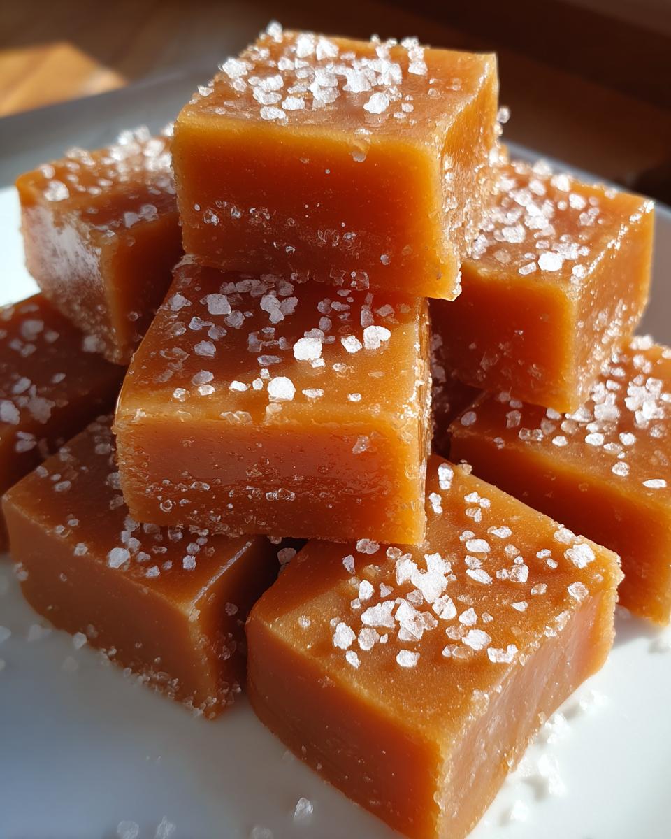 A stack of soft, chewy sea salt caramels dusted generously with flaky sea salt crystals.