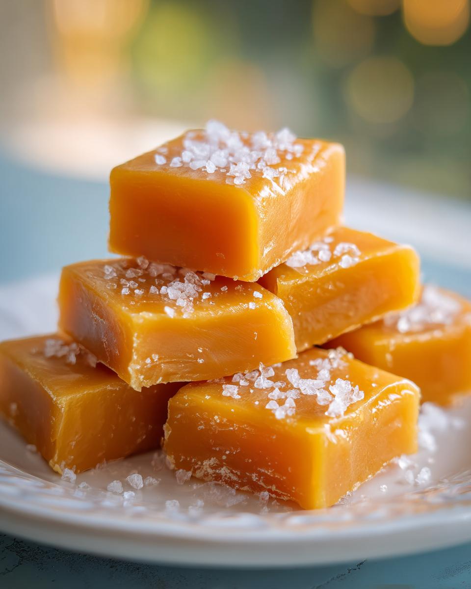 A stack of soft, chewy sea salt caramels sprinkled with coarse sea salt flakes.