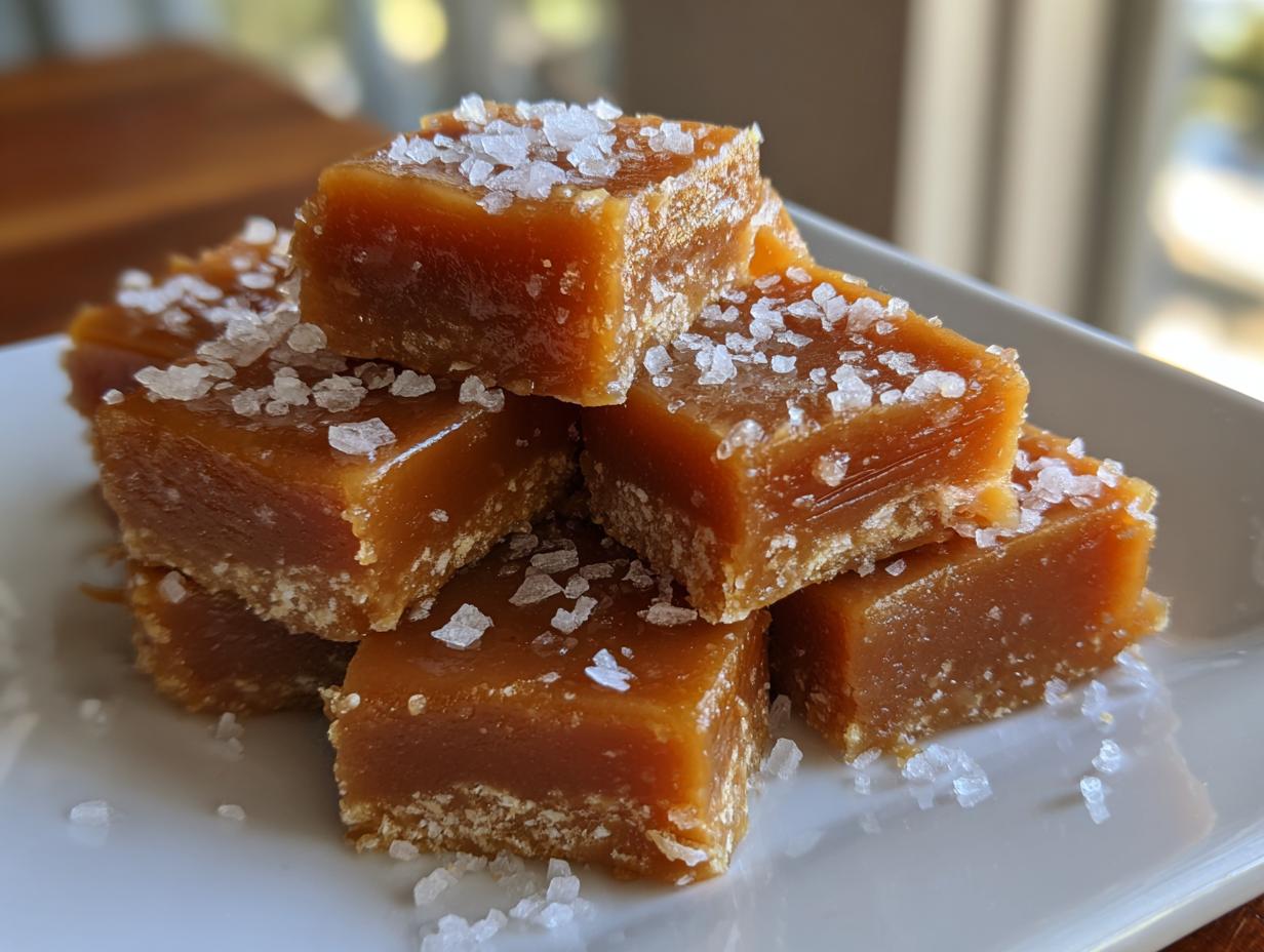 A stack of homemade soft sea salt caramels topped generously with flaky sea salt crystals.