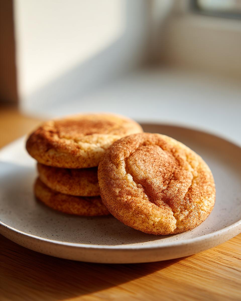 A stack of soft, chewy snickerdoodles generously coated in cinnamon sugar, resting on a speckled plate.