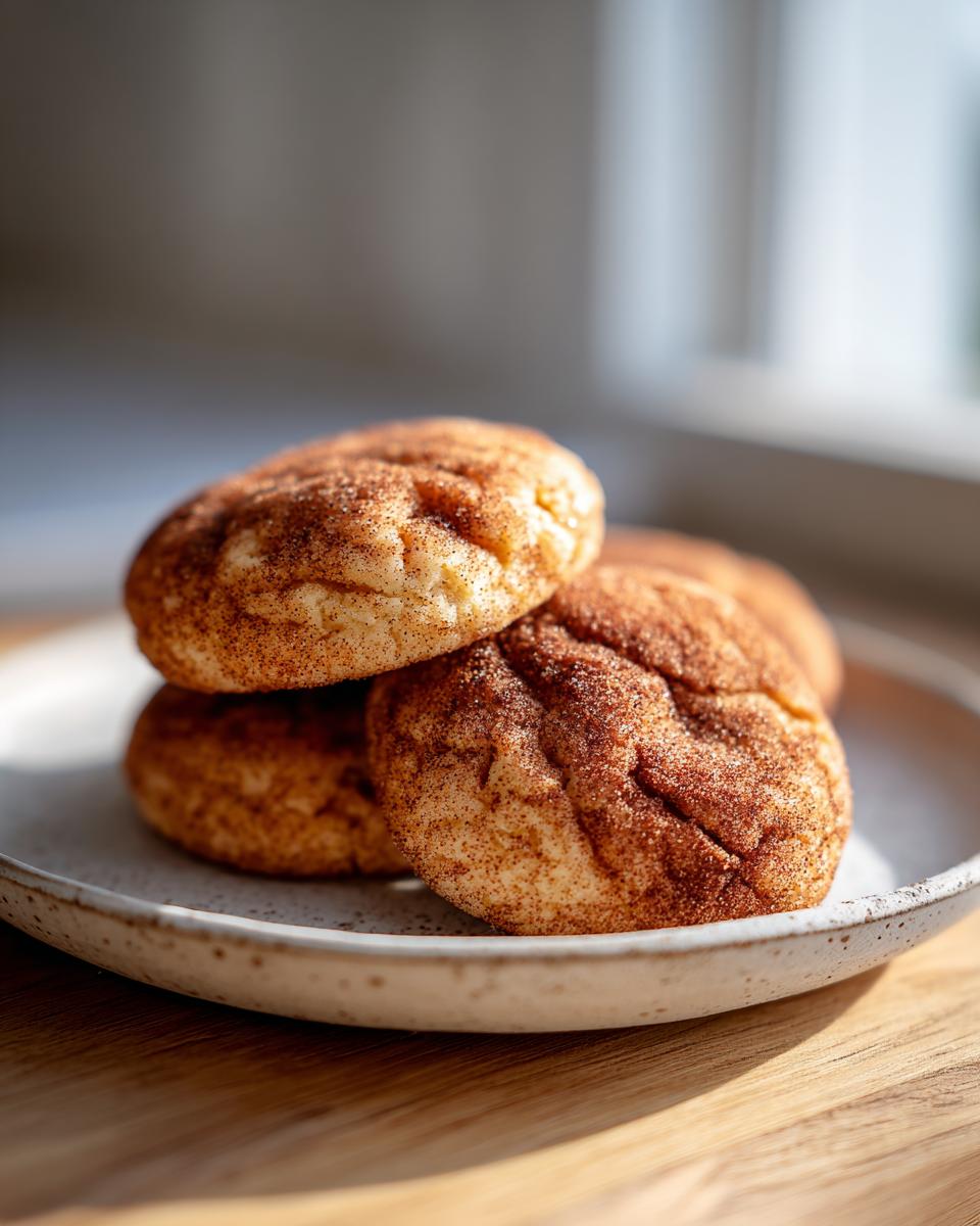 Close-up of three soft snickerdoodles stacked on a speckled white plate, coated heavily in cinnamon sugar.