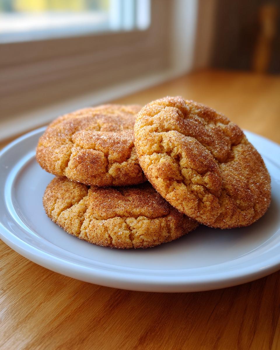 Three soft, crackled snickerdoodles heavily coated in cinnamon sugar resting on a small white plate.