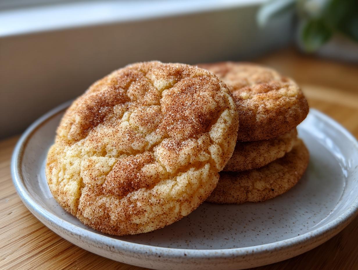 A stack of three soft snickerdoodles generously coated in cinnamon sugar resting on a light speckled plate.
