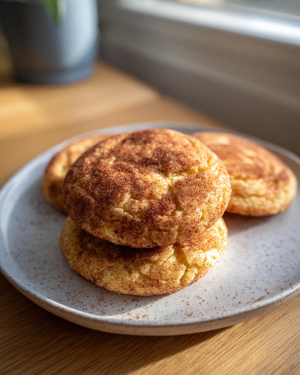 A stack of three soft, chewy snickerdoodles generously coated in cinnamon sugar, resting on a speckled white plate.