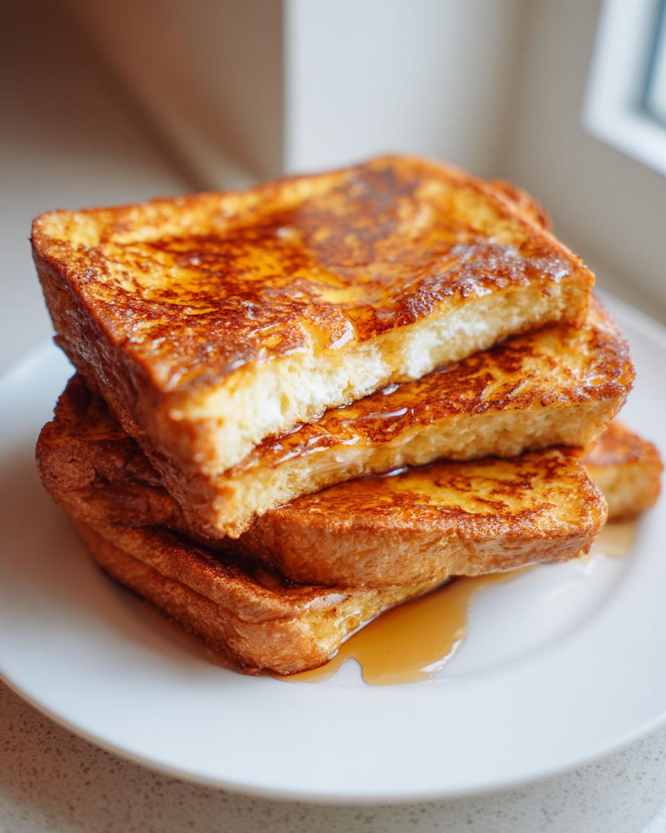 A stack of thick, golden-brown sourdough french toast drizzled generously with maple syrup on a white plate.