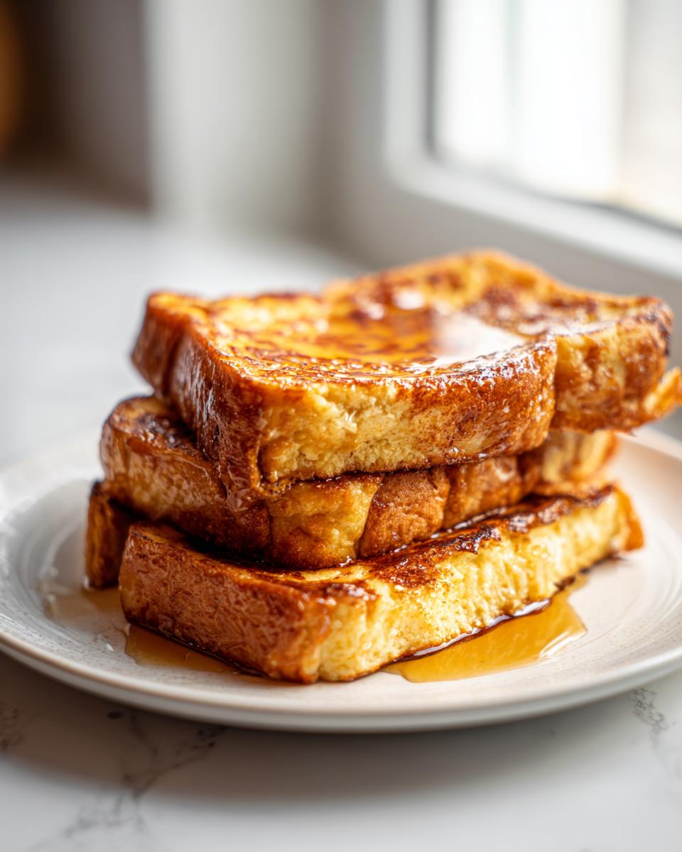 A tall stack of golden brown sourdough french toast slices generously drizzled with maple syrup.